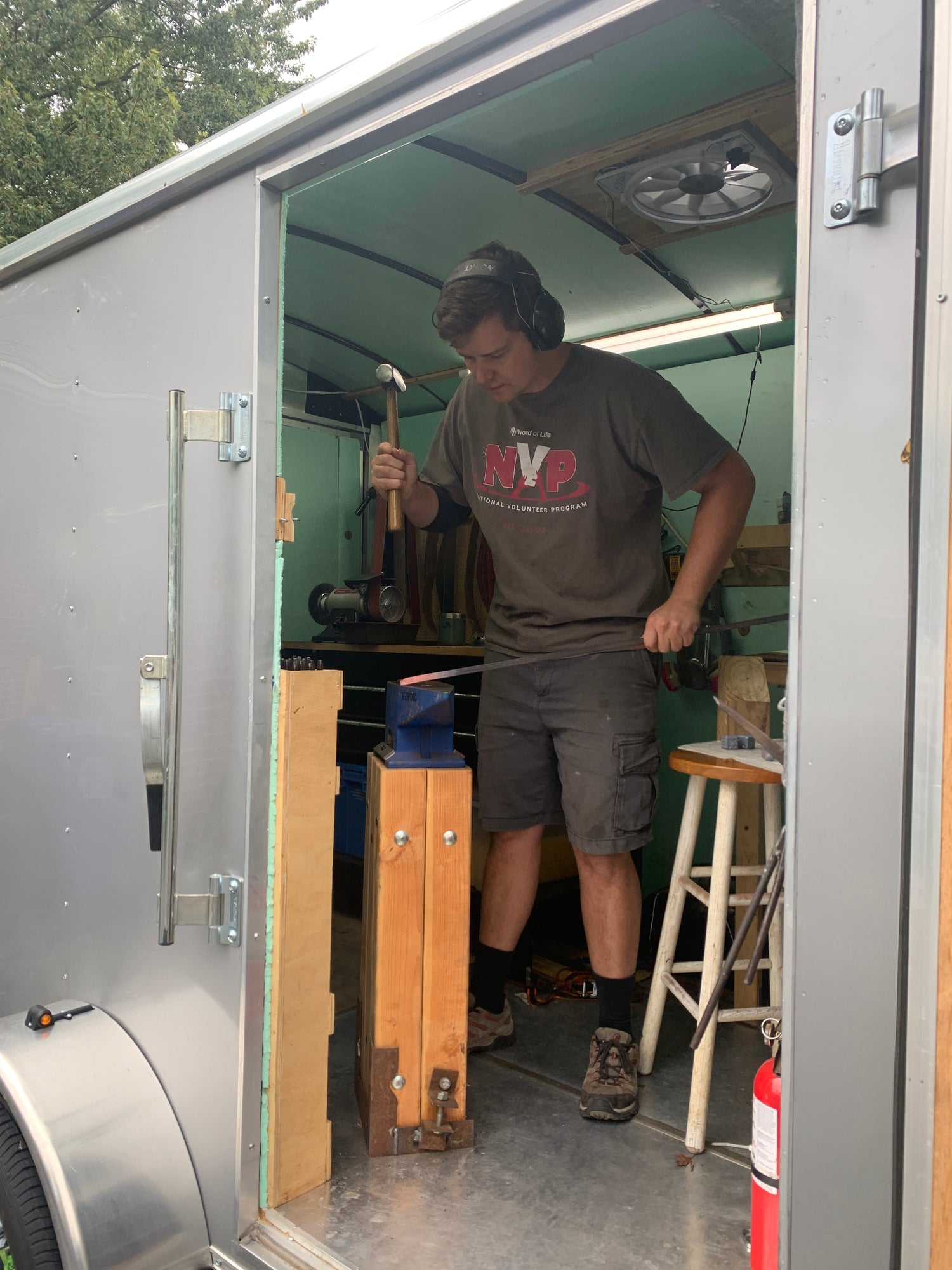 Hogan working out a of portable shop trailer